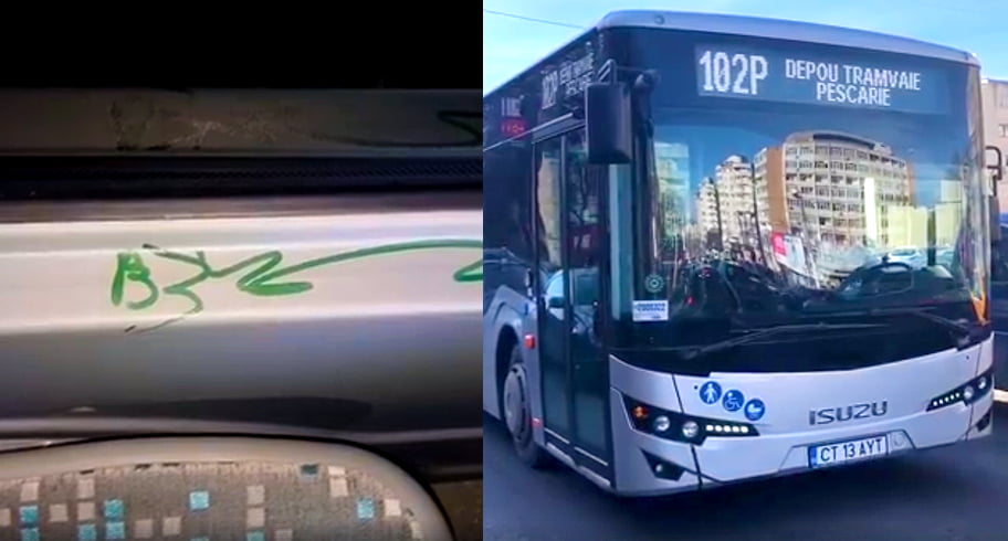 VIDEO. Filmat în timp ce vandaliza cu markerul unul dintre autobuzele noi ale RATC