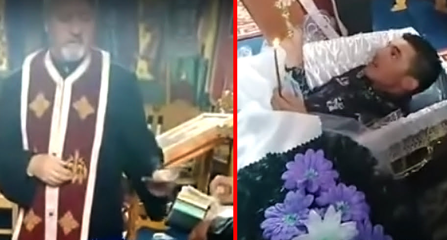 VIDEO. Un preot primește bani pentru o slujbă cu blesteme țigănești. Un bărbat, întins într-un coșciug, e pus să jure