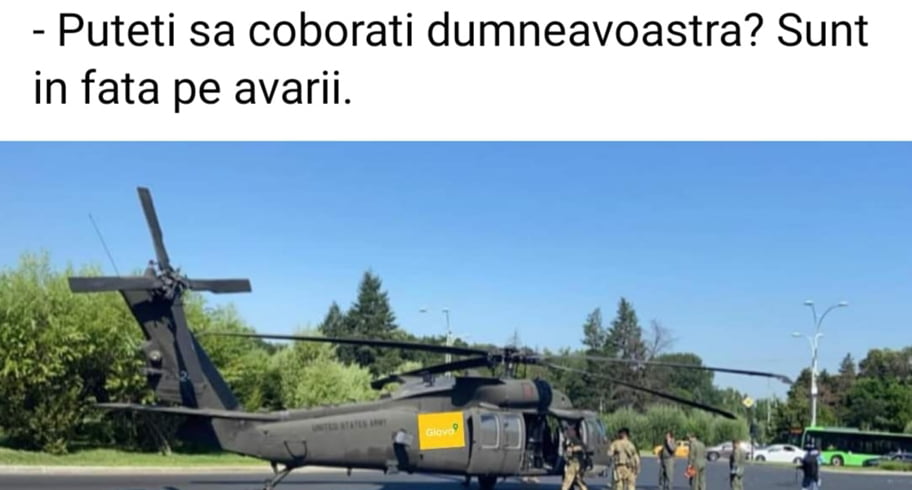 Cele mai tari glume după aterizarea forțată a elicopterului Black Hawk. „Să vadă și americanii cum e cu traficul din București, că de sus toți sunt șmecheri“